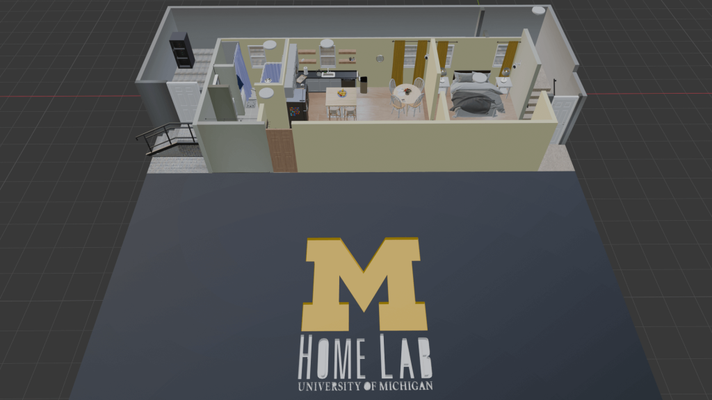 A 3D model of the HomeLab, angled, used in the Virtual Reality tour.