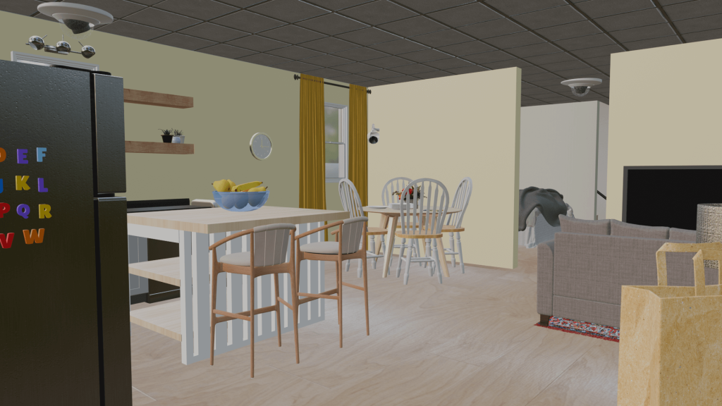 A 3D model of the HomeLab used in the Virtual Reality tour. The view from the front door is shown.