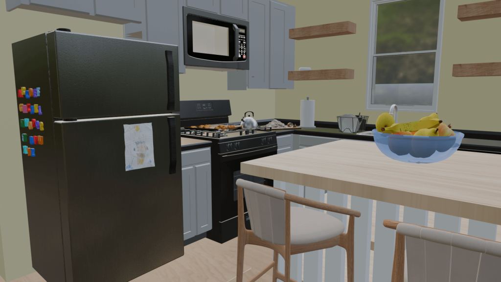 A 3D model of the HomeLab used in the Virtual Reality tour. A view of the kitchen is shown.